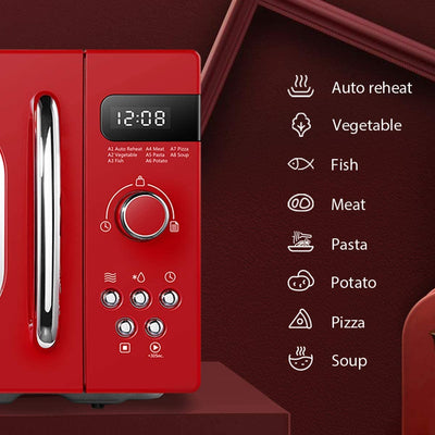 COMFEE' Retro Style 800w 20L Microwave Oven with 8 Auto Menus, 5 Cooking Power Levels, and Express Cook Button - Passionate Red - CM-M202RAF(RD)