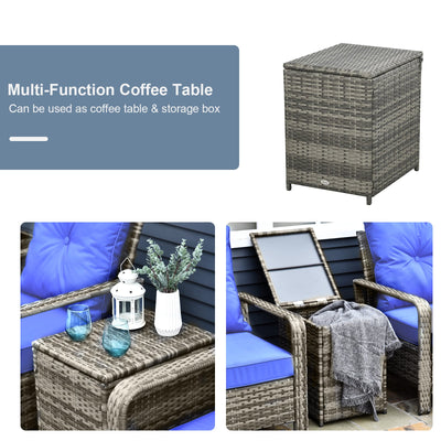 Outsunny 3 pcs PE Rattan Wicker Garden Furniture Patio Bistro Set Weave Conservatory Sofa Storage Table and Chairs Set Blue Cushion Grey Wicker