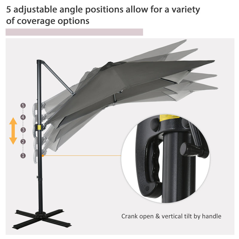 Outsunny 2.5 x 2.5m Patio Offset Parasol Cantilever Umbrella Sun Shade Canopy Shelter 360° Rotation with Crank Handle and Cross Base, Grey