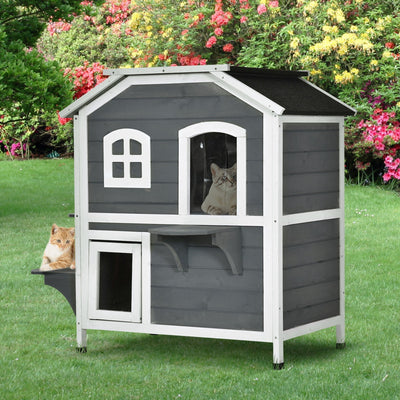 Cat Condo with Tons of Room & Openable Roof, Fir Wood, Outdoor/Indoor Patio Grey