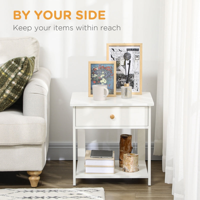 Classic Bedside Table, With Drawer And Shelf - White