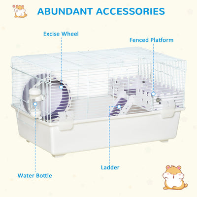 PawHut Two-Tier Hamster Cage Gerbil Haven Multi-Storey Rodent House Small Animal Habitat with Water Bottle, Excise Wheel, Ladder, White