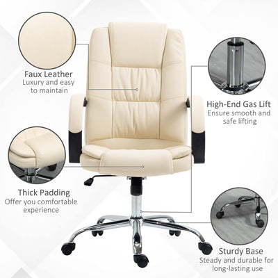 Vinsetto High Back Executive Office Chair, PU Leather Swivel Chair with Padded Armrests, Adjustable Height, Tilt Function, Beige