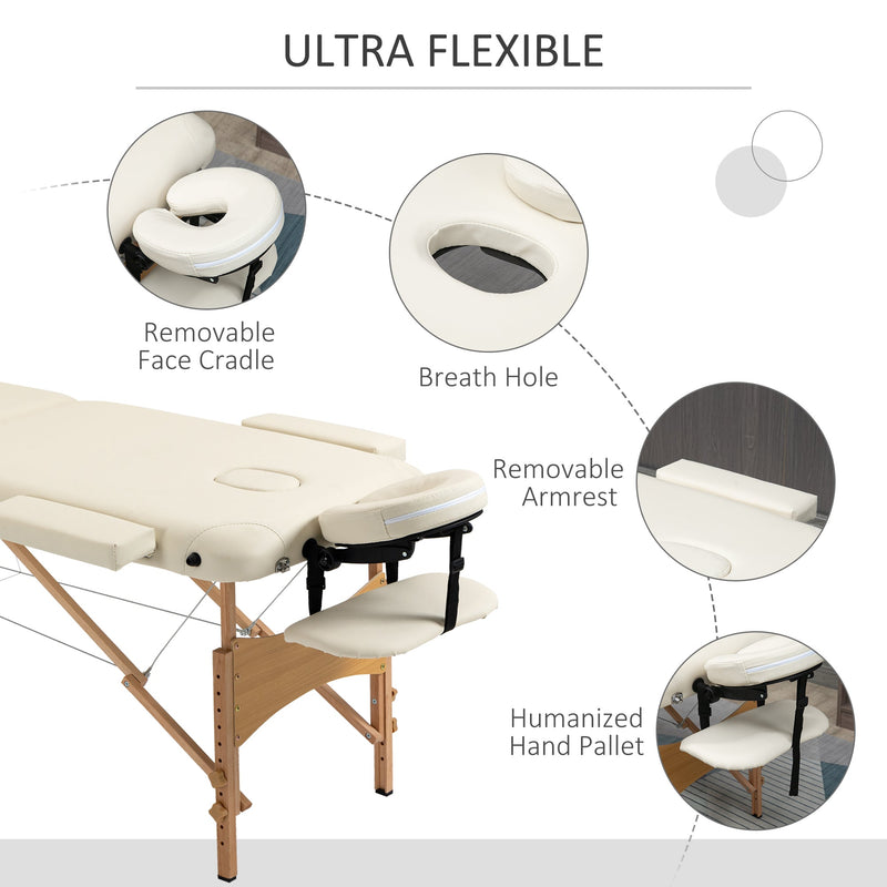 HOMCOM Portable Massage Bed, Folding Spa Beauty Massage Table with 2 Sections, Carry Bag and Wooden Frame, Cream