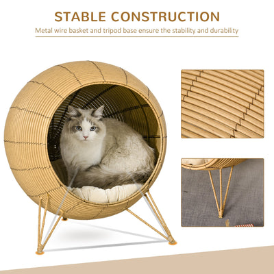 Cama elevada de mimbre para gatos PawHut, canasta elevada de ratán para gatitos, cueva acogedora con cojín suave, Φ52 x 58 cm, marrón claro