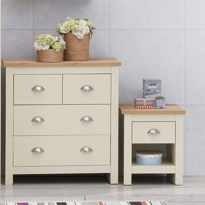 Lisbon 2 Piece Bedroom Set: 1 drawer bedside table / nightstand + 4 drawer chest of drawers in cream & oak