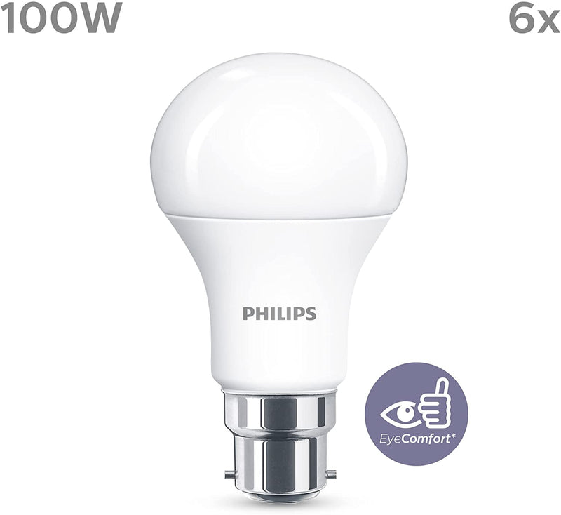 Philips LED B22 Frosted Light Bulbs, 13 W (100 W) - Warm White, Pack of 6 [Energy Class E]