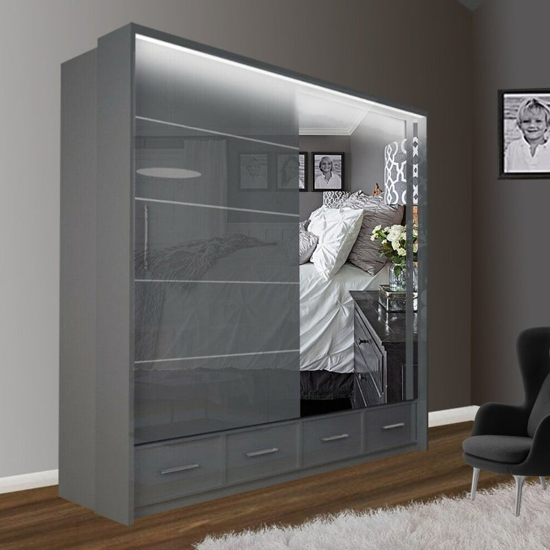 Cecilia High Gloss Black Sliding Wardrobe Grey, White,Black