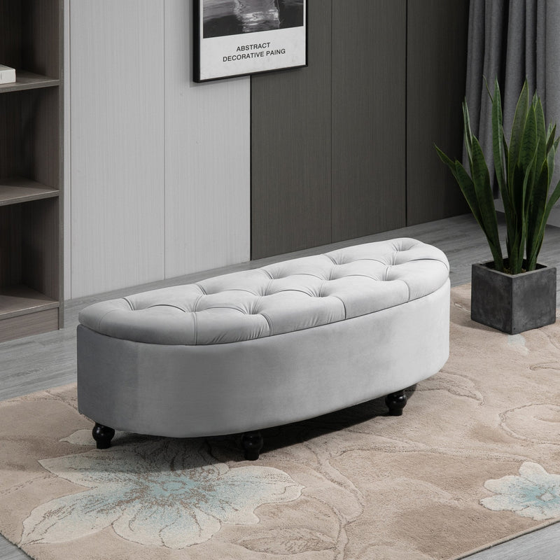 Semi-Circle Storage Ottoman Bench Tufted Upholstered Accent Seat with Rubberwood Legs, Grey