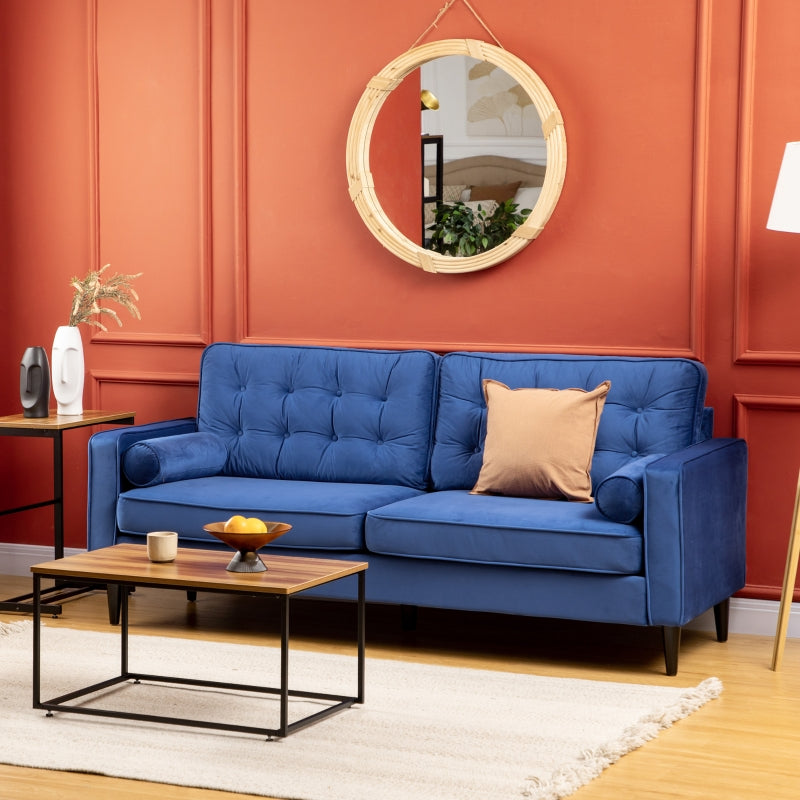 Three-Seater Velvet-Feel Sofa, With Pillows - Blue