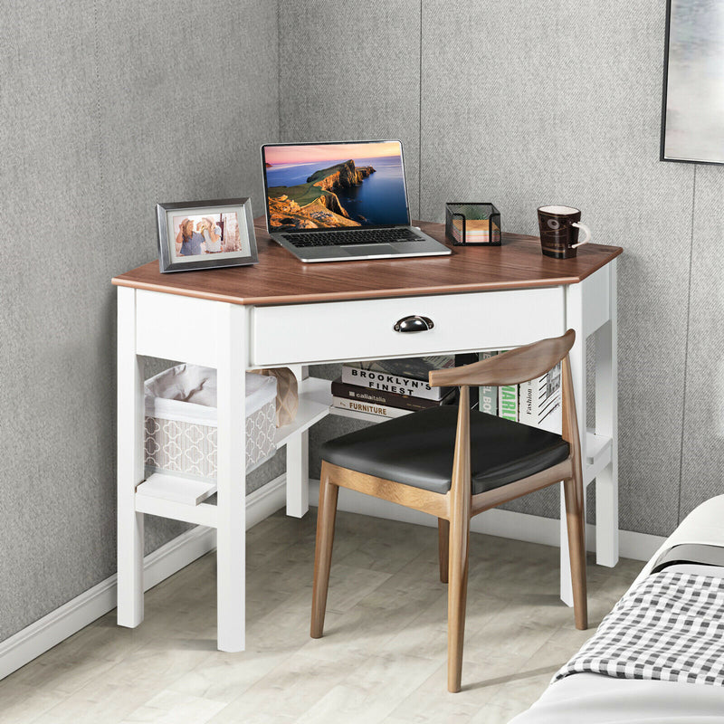 Corner Table / Computer Desk with Drawer and Shelves