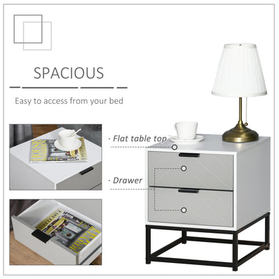 HOMCOM Bedside Cabinet with 2 Drawer Storage Unit, Unique Shape Bedroom Table Nightstand with Metal Base, for Living Room, Study Room, Dorm