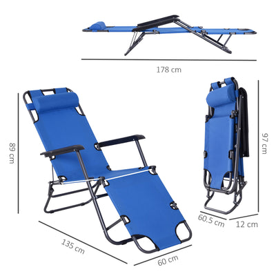 Outsunny 2 Pieces Foldable Sun Loungers with Adjustable Back, Outdoor Reclining Garden Chairs with Pillow and Armrests, Blue