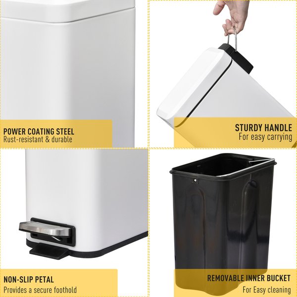 5L Rectangular Steel Pedal Bin - White