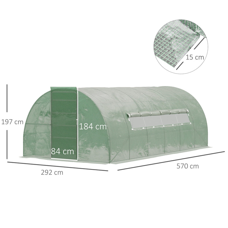 Outsunny 6 x 3 m Large Walk-In Greenhouse Reinforced Polytunnel Greenhouse with Metal Hinged Door, Steel Frame and Mesh Windows, Green