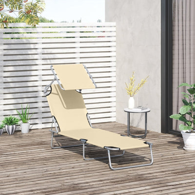 Reclining Chair Lounger Folding Seat With Shade Awning- Beige