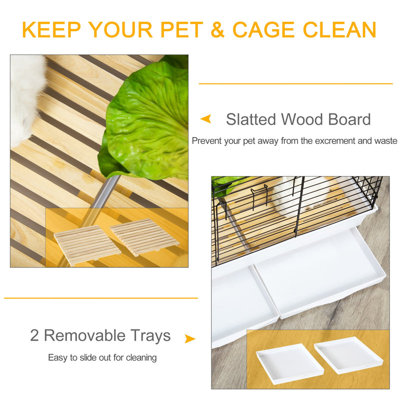 PawHut Indoor Small Animal Cage with Wood Floor, Bunny Guinea Pig House with Removable Tray, 61.5 x 38 x 40 cm, White