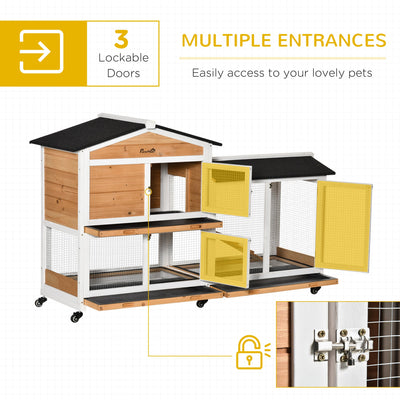 PawHut Two-Tier Wooden Rabbit Hutch Mobile Guinea Pig Cage Bunny Run w/ Wheels, Run, Slide-Out Tray, Ramp