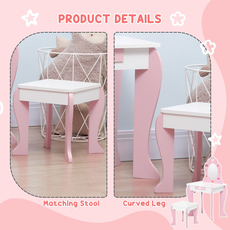 ZONEKIZ Kids Dressing Table Set Kids Vanity Set Girl Makeup Desk with Mirror Stool Drawer Cute Patterns for 3-6 Years Old, Pink