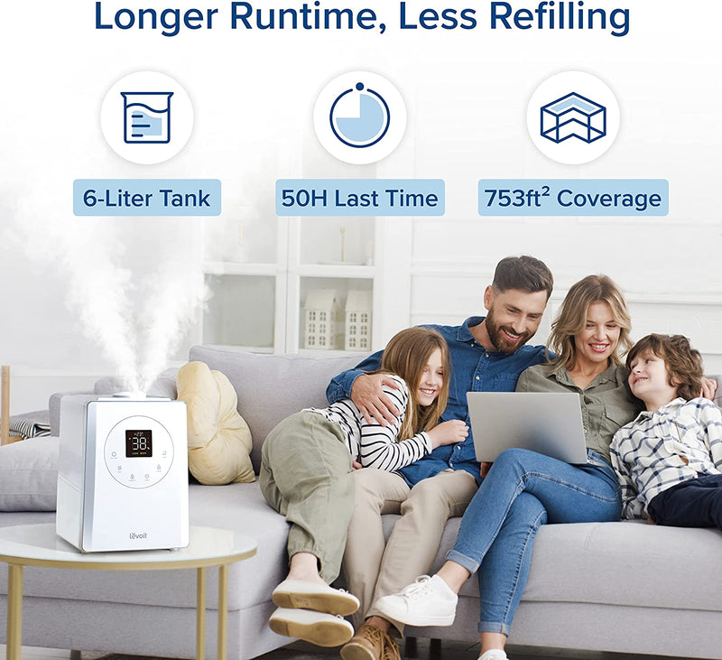 LEVOIT Smart Humidifiers for Bedroom Large Rooms, 6L Top Fill Warm and Cool Mist, Air Vaporizer, Customized Humidity, Essential Oil, Timer, Quiet