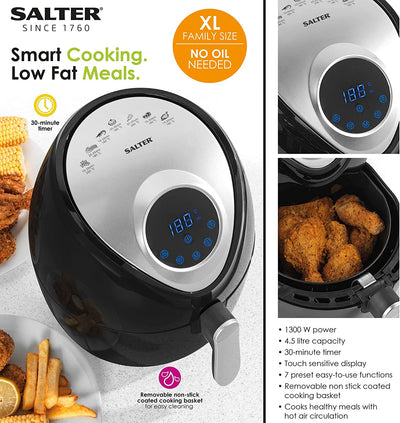 Salter EK4221 Digital Family Hot Air Fryer, 4.5L Non-Stick Cooking Basket, 30 Minute Timer, 7 Cooking Presets, Cook With Little To No Oil, 1300 W