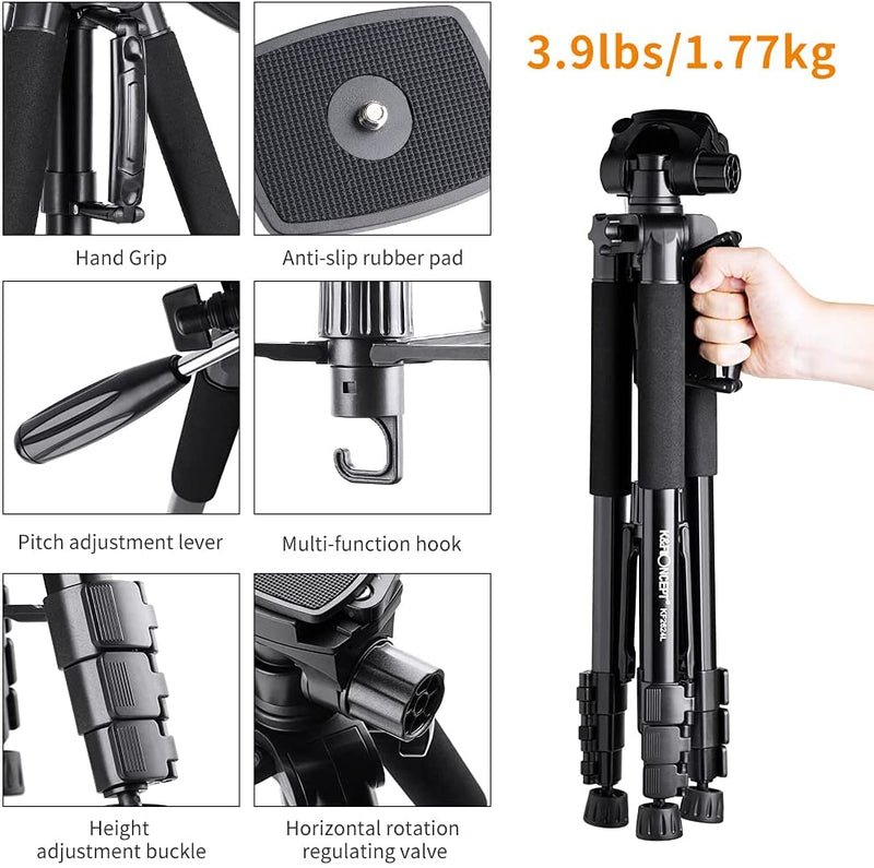 K&F Concept 70"/177cm Portable Tripod Outdoor Compact Aluminum Monopod with 3-Way Swivel Pan Tilt Head Cellphone Holder for Smartphone DSLR Camera