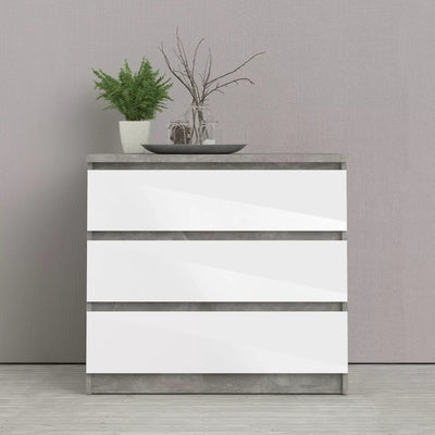 Naia Chest of 3 Drawers in Concrete and White High Gloss - Grey and White High Gloss