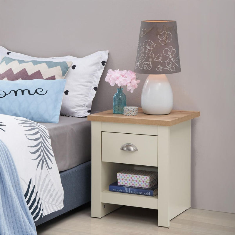 Lisbon 2 Piece Bedroom Set: 1 drawer bedside table / nightstand + 4 drawer chest of drawers in cream & oak