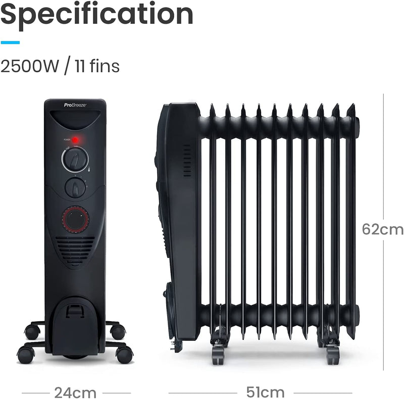 Pro Breeze 2500W Oil Filled Radiator, 11 Fin, Portable Electric Heater, Built-in Timer, 3 Heat Settings, Adjustable Thermostat, Safety Cut-Off, Black