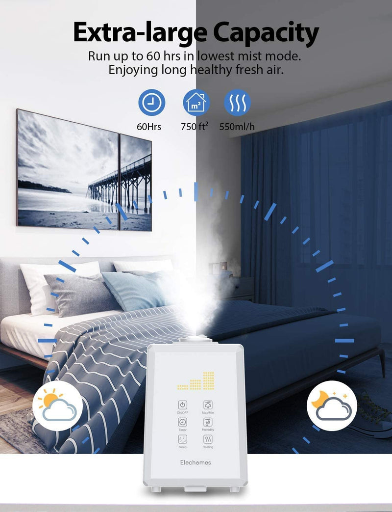 Elechomes Ultrasonic Humidifier 6L, Warm and Cool Mist for Large Rooms, Dual 360° Nozzles with Remote, Customized Humidity, LED Touch Display EC5501