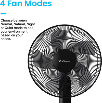 Pro Breeze 16-Inch Pedestal Fan with Remote Control and LED Display - 4 Operational Modes - 80° Oscillation - Adjustable Height & Pivoting Fan Head