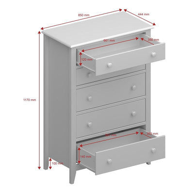 Heston Solid Pine 5 Drawers Chest of Drawer - Pine