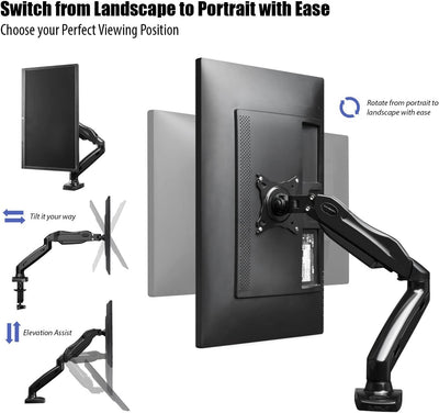 Invision PC Monitor Arm, Gas Powered Desktop Clamp Mount for 17–27” Screens Adjustable Tilt Swivel VESA 75mm & 100mm Weight 2kg to 6.5kg (MX150)