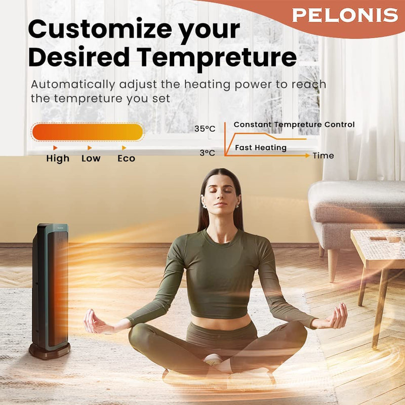 PELONIS Electric Space Heater 2000W, Remote Control, Energy Efficient, Portable Ceramic Heater, 75° Oscillation, Thermostat, Overheat Protection Green