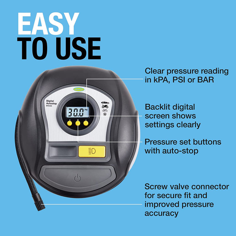 Ring Automotive RTC450 Digital Tyre Inflator with Auto Stop, Memory, LED Light, Backlit Display and Adaptor Kit