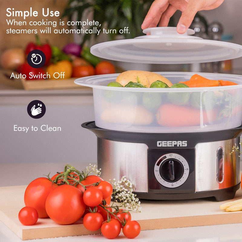 Geepas 3-Tier Food Steamer, 12L Capacity Electric Vegetable Steamer with BPA Free Removable Baskets for Healthy Steam Cooking