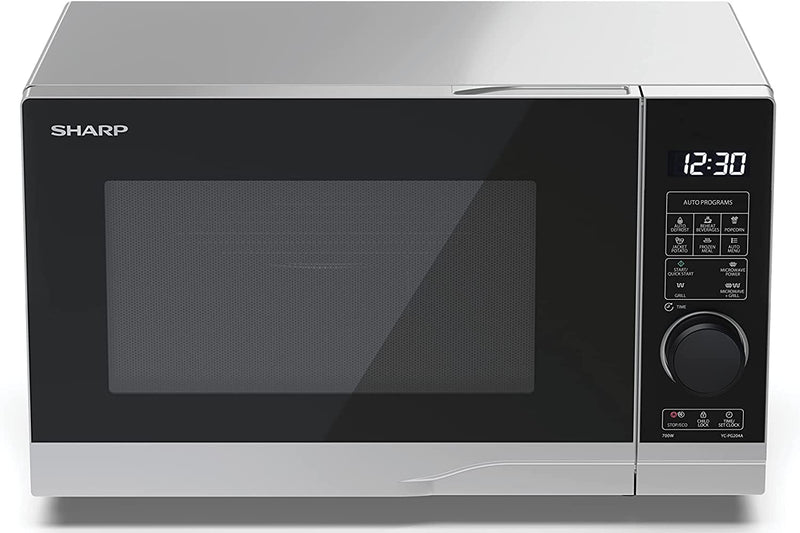 SHARP YC-PG204AU-S 20 Litre 700 W Microwave Oven with 900 W Grill, 10 Power Levels, 12 Automatic Cook Programmes, Digital Control, LED Cavity, Silver