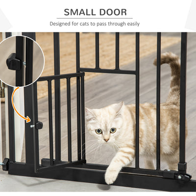 PawHut Extra Tall Dog Gate with Cat Door, Pet Safety Gate for Doorways Stairs with Auto Close Double Locking, 104 cm Tall 74-80 cm Wide, Black