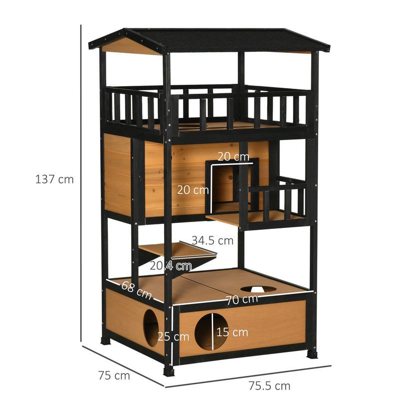 Casa de madera para gatos PawHut de 3 niveles para el refugio de invierno para gatitos con terraza con techo inclinado, escalón para saltar, bandeja inferior, base elevada, color amarillo