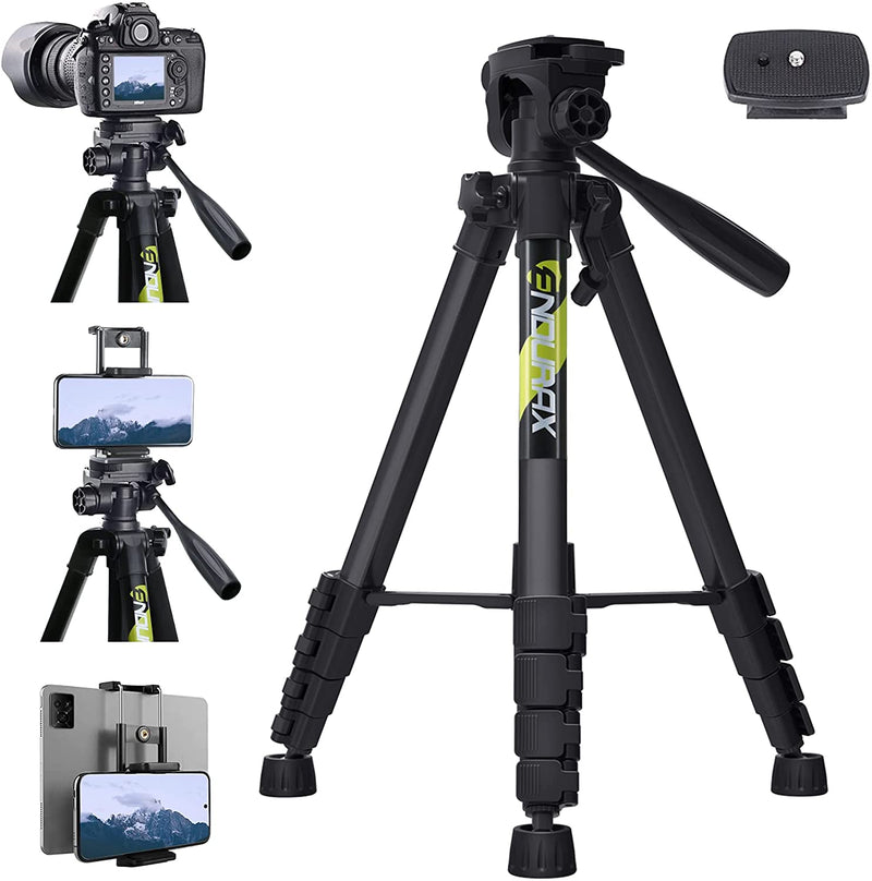 Endurax 66" Video Camera Tripod for Nikon Canon, DSLR Cameras Stand Tall Tripods Lightweight Aluminum with Universal Phone Mount and Carry Bag