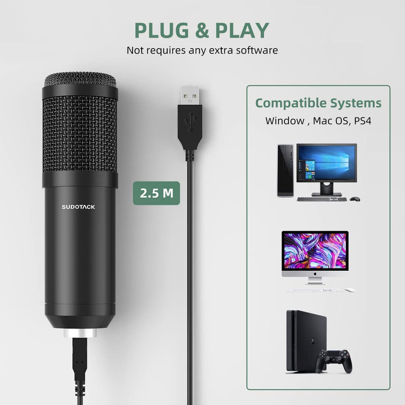 SUDOTACK Professional USB Podcast PC Microphone, 192KHZ/24Bit Studio Cardioid Condenser Mic Kit with Desktop Stand Shock Mount Pop Filter (ST810)