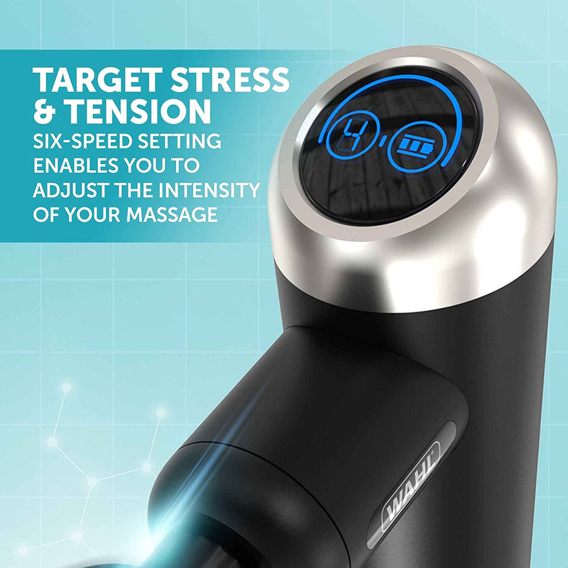 Wahl Mini Massage Gun, Deep Tissue Percussion Massager, Cordless Muscle Massagers, On-the-Go Massaging, 6 Speed Settings, 4 Attachments, Lightweight