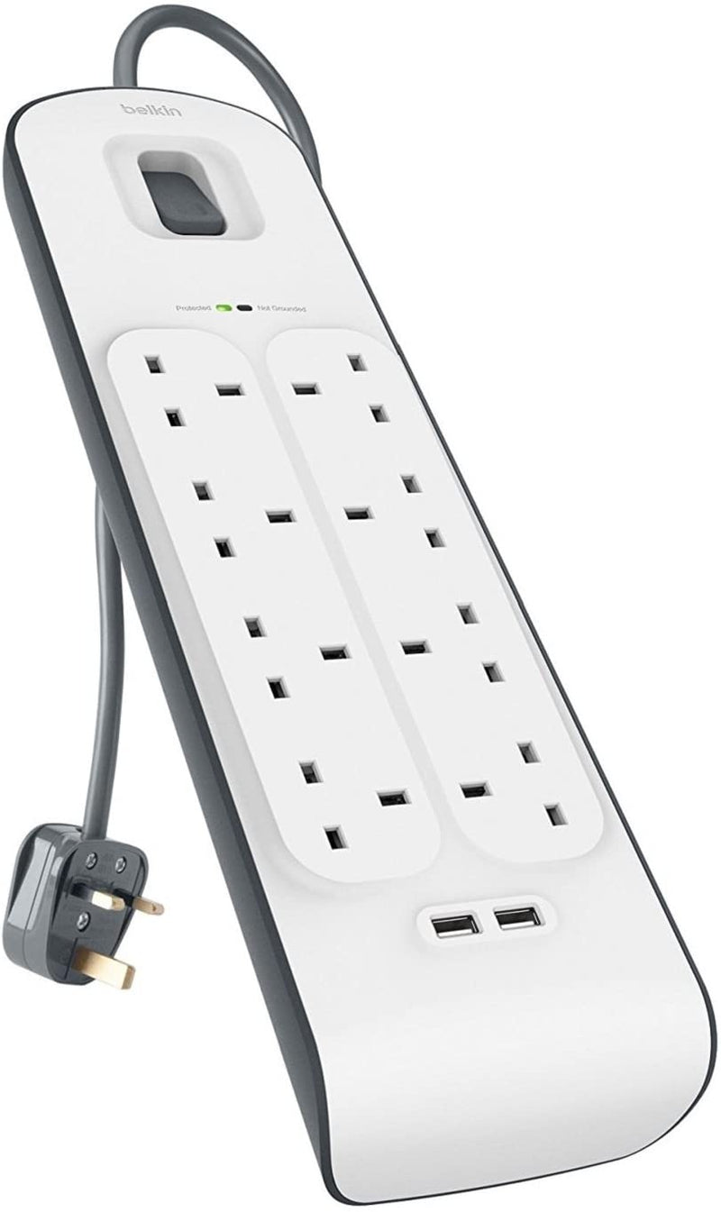 Belkin 8 Way/8 Plug 2 m Surge Protection Extension Lead Strip with 2 x 2.4 A Shared USB Charging Plug, White