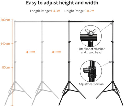 BEJOHU 2x3m/ 6.5ft x 10ft Adjustable Portable Photo Studio Backdrop Background Support System Stand 2x 2m Light Stands + 4 Crossbar + Carry Case