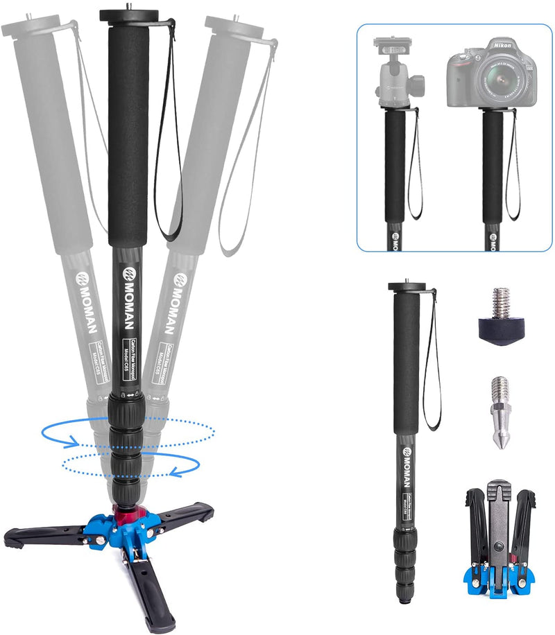 Moman C65 DSLR Monopod Camera Tripod with Feet, 10kg Max Payload 165cm Max Height 5-Section Leg, 1/4” & 3/8” Screw Mount Carbon Fiber