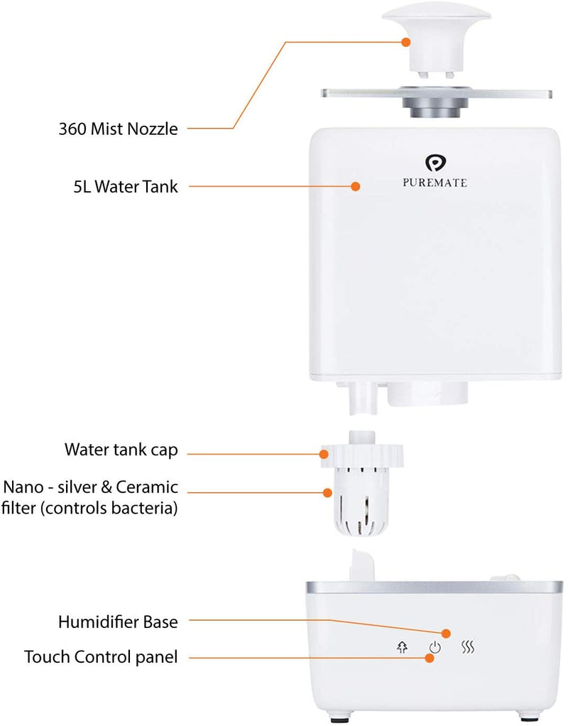 PureMate  Ultrasonic Cool & Warm Mist Humidifier with Ioniser and Aroma Diffuser Tray