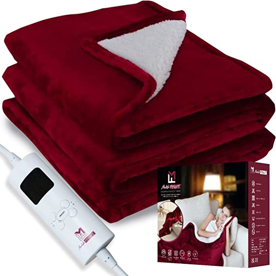 Modish FOUNT Electric Heated Throw Blanket, Red Flannel Sherpa Fleece Overblanket, 9 Heat Settings, Overheat Protection, Machine Washable - 160x130cm