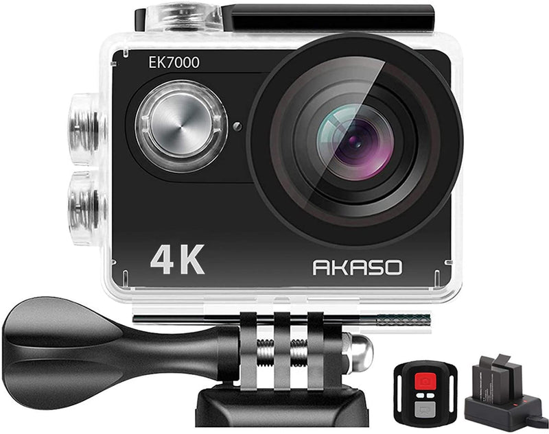 AKASO EK7000 4K Sport Action Camera Camcorder 12MP WiFi Waterproof 2 Inch LCD Screen, 2.4G Remote Control, 2x Rechargeable Batteries, 19 Accessory Kit