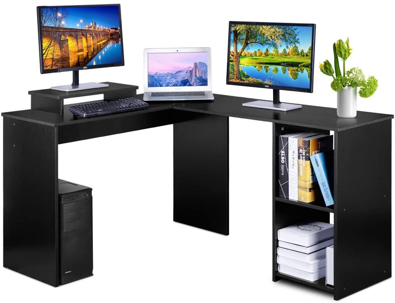 dosleeps L Shaped 53" Computer Corner Desk, FREE Monitor Stand, Home Gaming Desk, Office Writing Workstation with 2 Storage/Book Shelves, Black