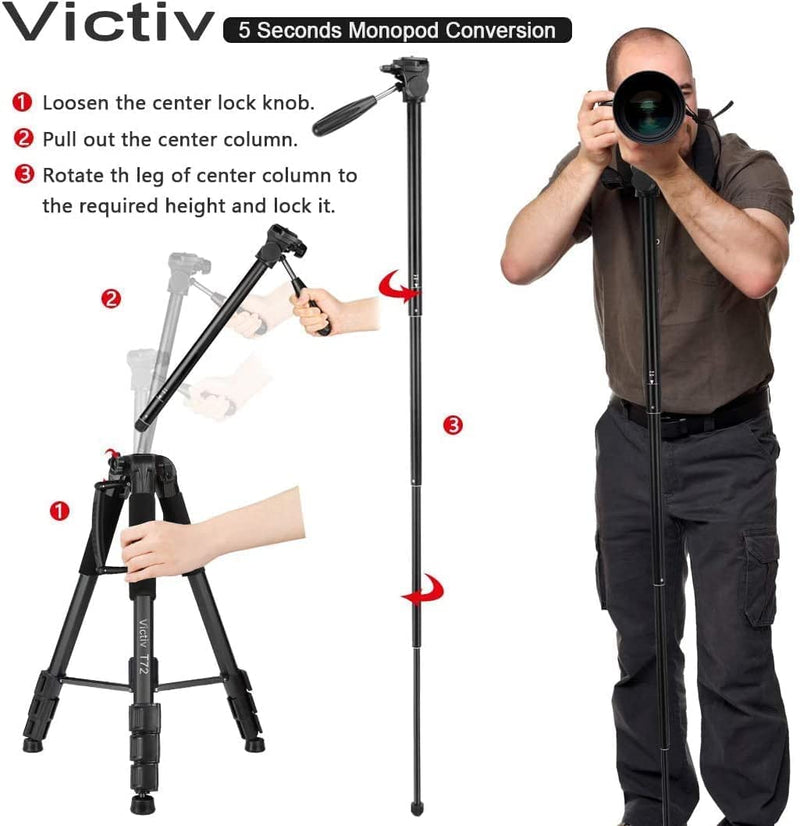 Victiv 72-inch Camera Tripod Aluminum Monopod T72 Max. Height 182 cm - Lightweight and Compact with 3-way Swivel Head, 2 Quick Release Plates